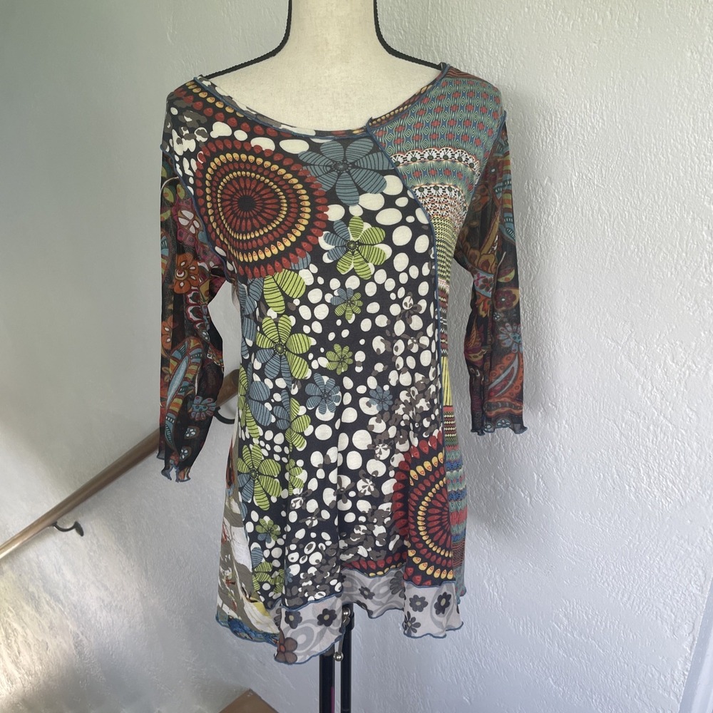 The Pyramid Collection Anya SF Tunic Top Long Sleeve Boho Floral Women's Sz S